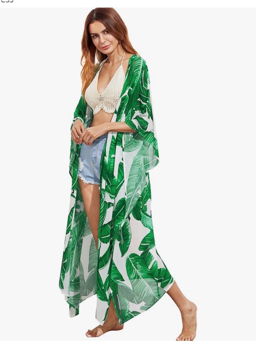 Source Unknown Green Leaf Tropical Sheer Swim Cover-Up Kimono
